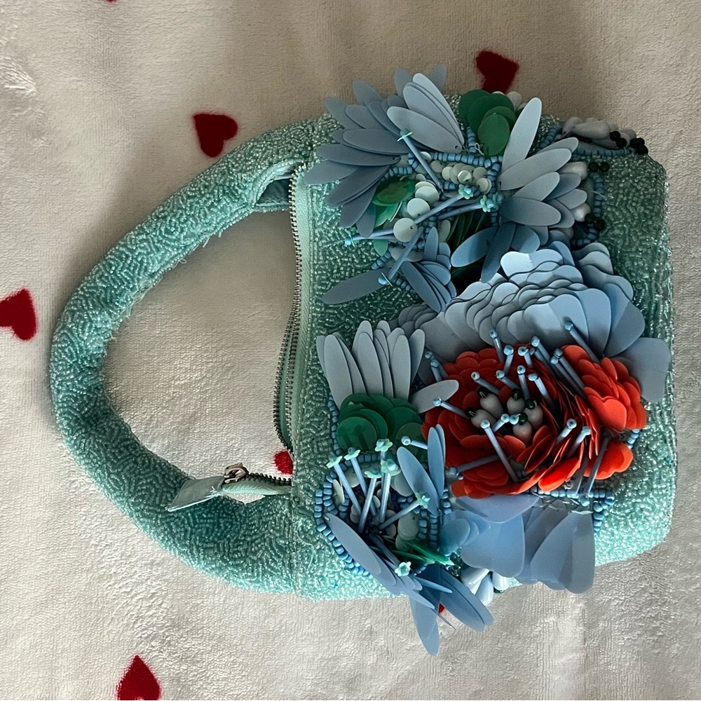 Floral Embellished Blue and Red Women's Bag